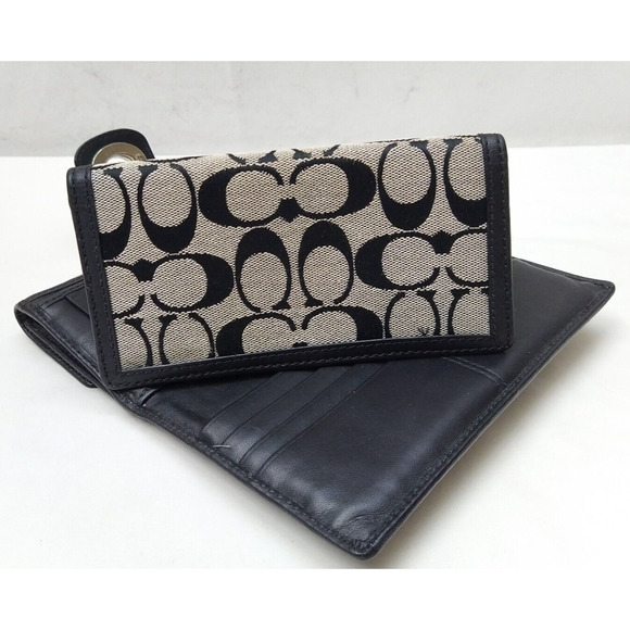 Coach Signature Canvas Leather Trim Turnlock Checkbook Credit Card Bifold Wallet - Picture 10 of 16